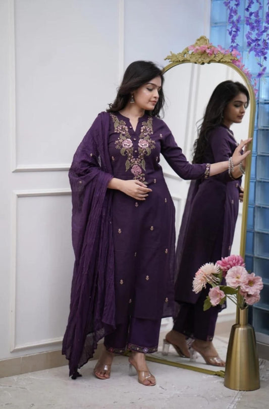 Purple Embroidered Cotton Kurta Set With Mulmul Dupatta