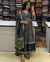 Cotton Blue Anarkali Set With Dupatta