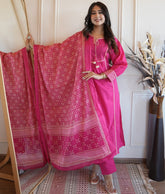 Pink Cotton Aline Kurta Set With Dupatta