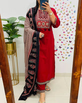 Women Red Cotton 3pc Kurta Set