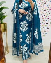 Women Sequence Cotton Blue 3pc Kurta Set