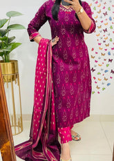Purple Ikat Cotton Kurta Set With Dupatta