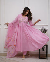 Baby Pink Floral Embroidered Cotton Anarkali set