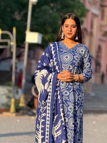 Royal blue A-line printed 3piece kurta set