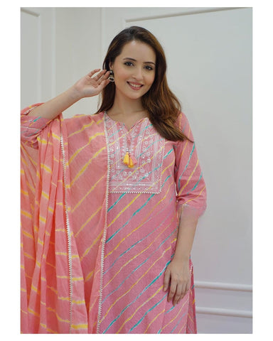 Blush Pink Leheriya Rayon Kurta Set With Dupatta
