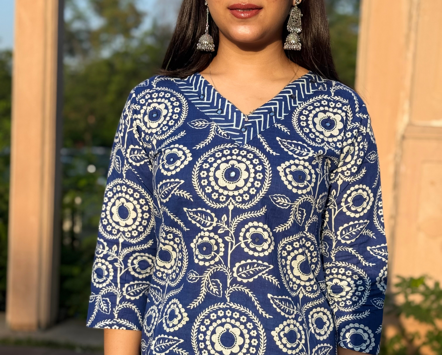 Royal blue A-line printed 3piece kurta set
