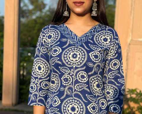 Royal blue A-line printed 3piece kurta set