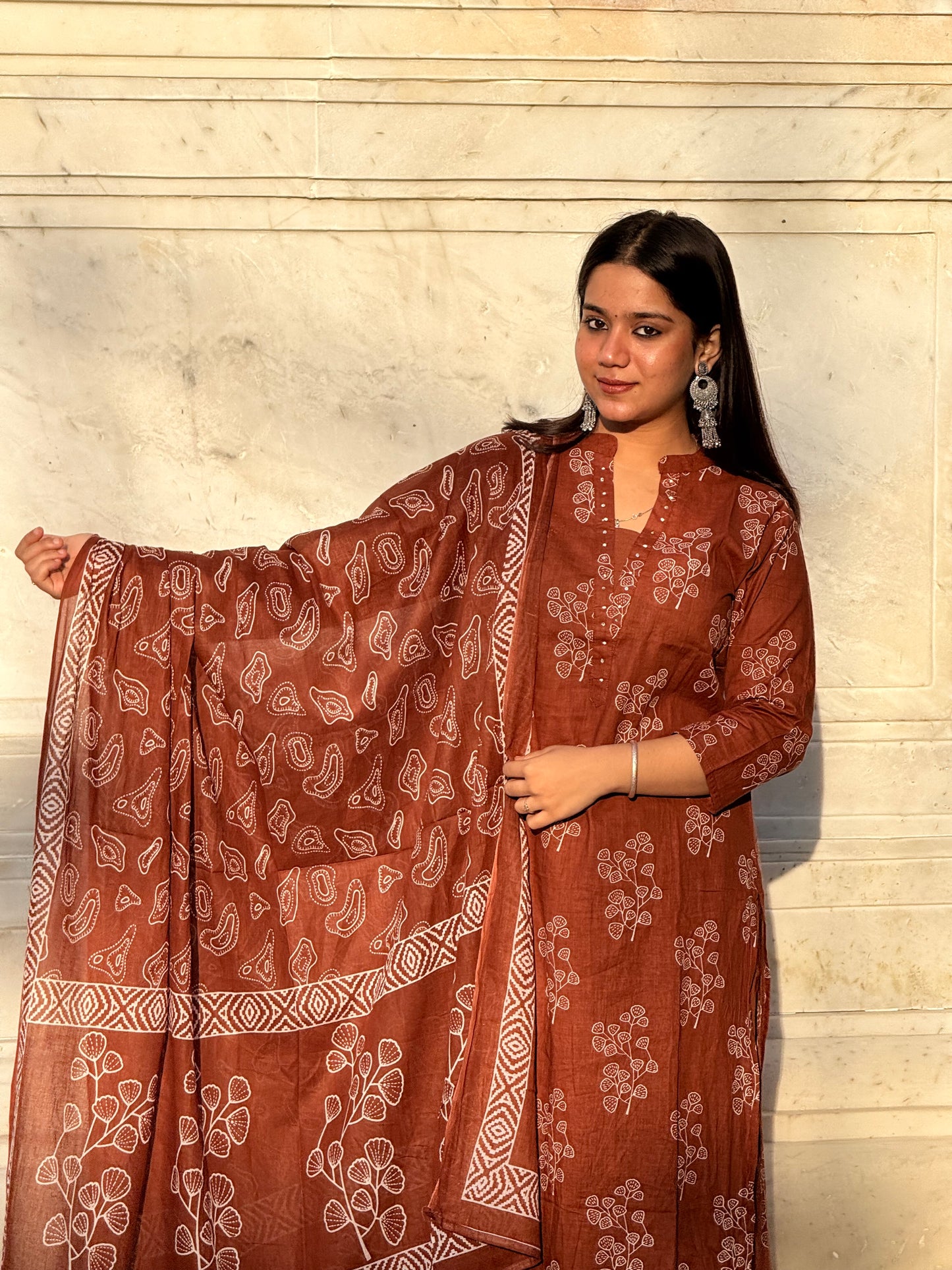 Tan-Brown printed 3 piece kurta set