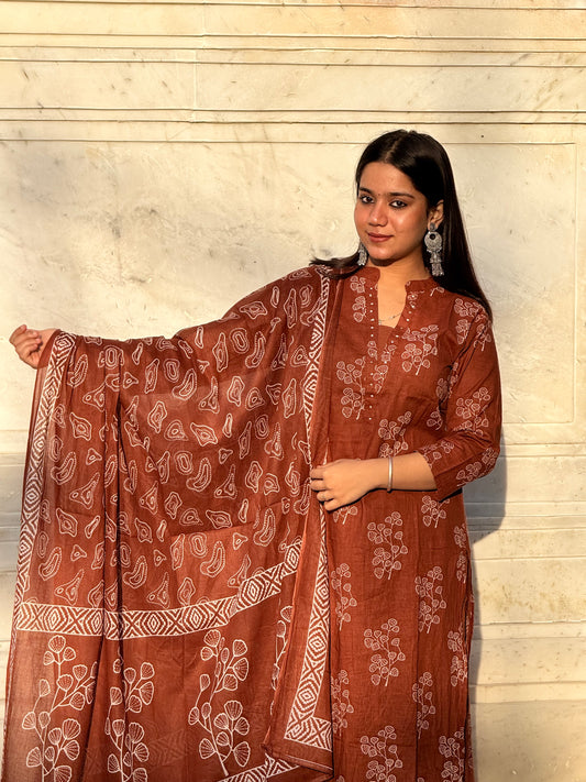 Tan-Brown printed 3 piece kurta set