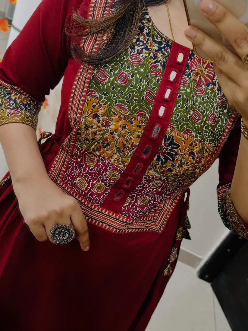 Women’s Red Cotton Anarkali Kurta Pant Set with Embroidered Yoke