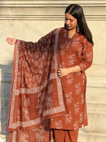 Tan-Brown printed 3 piece kurta set