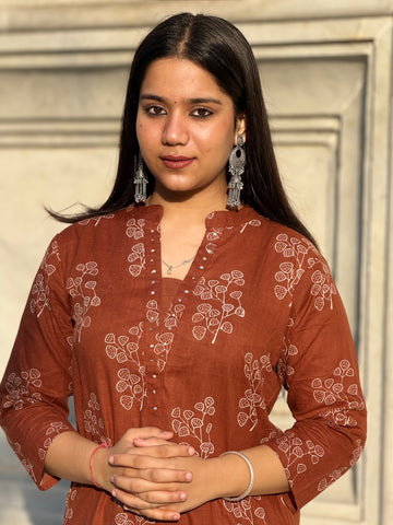 Tan-Brown printed 3 piece kurta set