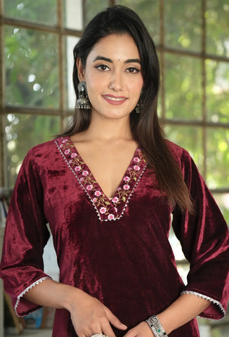 Maroon Velvet Embroidered Straight Kurta Set