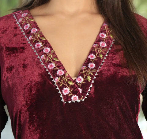 Maroon Velvet Embroidered Straight Kurta Set