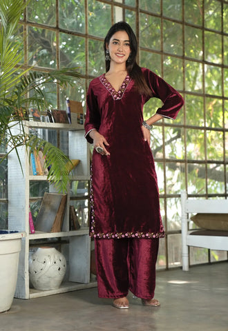 Maroon Velvet Embroidered Straight Kurta Set