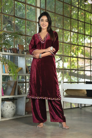 Maroon Velvet Embroidered Straight Kurta Set