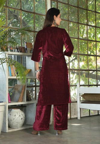 Maroon Velvet Embroidered Straight Kurta Set
