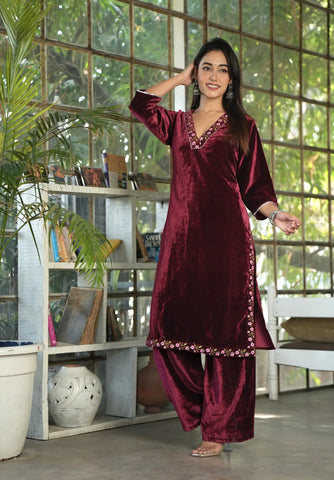 Maroon Velvet Embroidered Straight Kurta Set