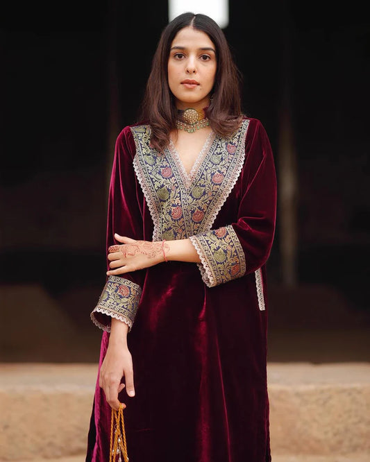 Maroon Velvet Lace Suit Set