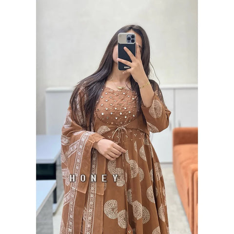 Brown Cotton Printed Anarkali with Attached Jacket Detailing with Pants and Dupatta