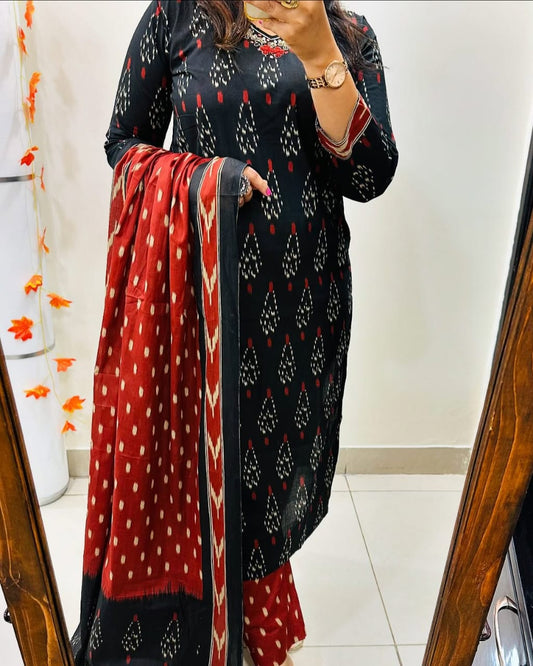Black Ikat Cotton Kurta Set With Dupatta