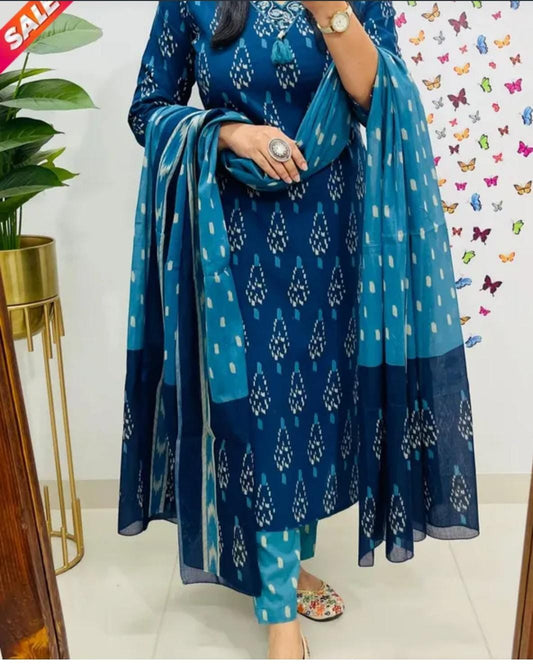 Blue Ikat Cotton Kurta Set With Dupatta