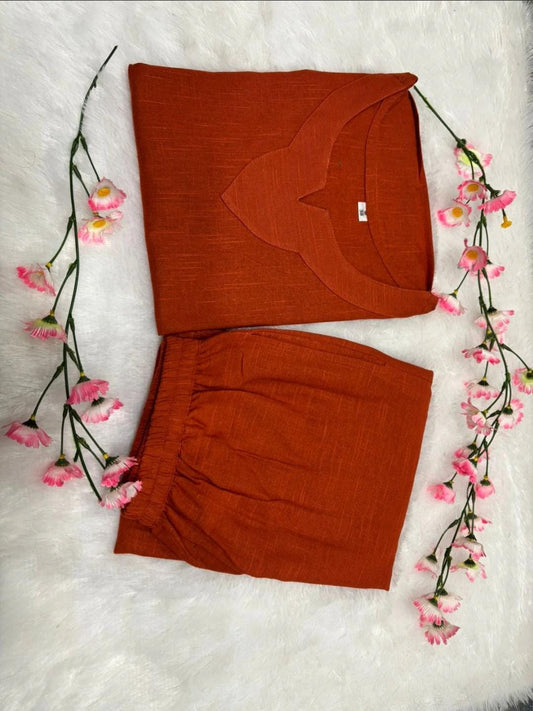 Pure Cotton Round Neck Tunic & Trousers Co-Ord Set- Brown
