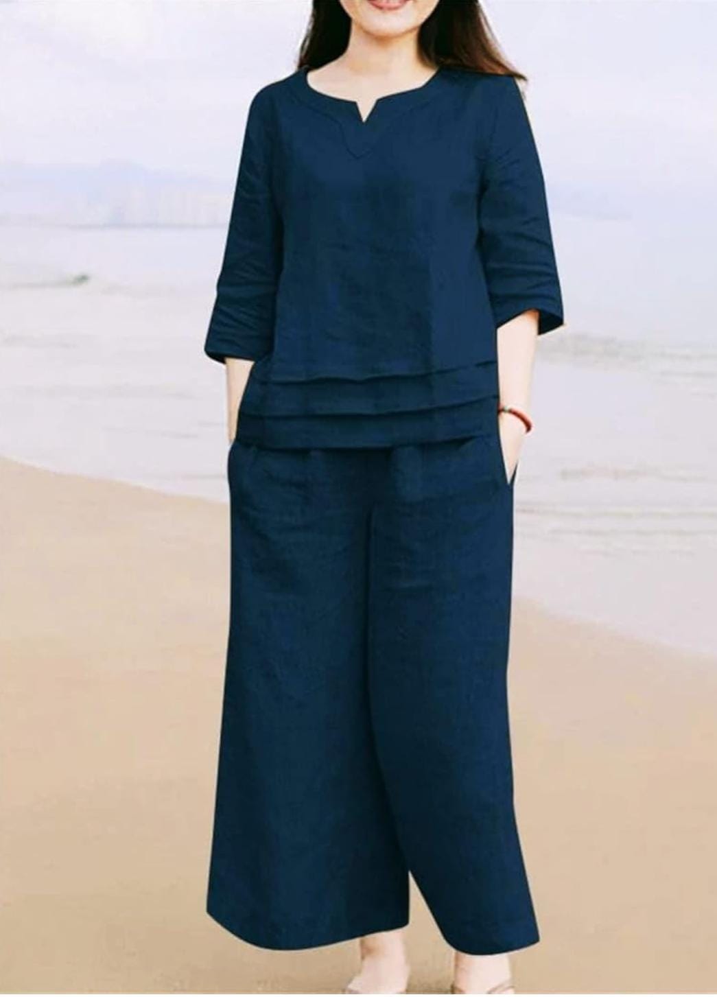 Pure Cotton Round Neck Tunic & Trousers Co-Ord Set- Blue