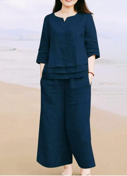 Pure Cotton Round Neck Tunic & Trousers Co-Ord Set- Blue