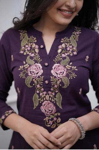 Purple Embroidered Cotton Kurta Set With Mulmul Dupatta
