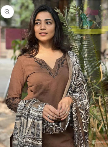 Coffee Brown Cotton Embroidered Kurta 3pc Set