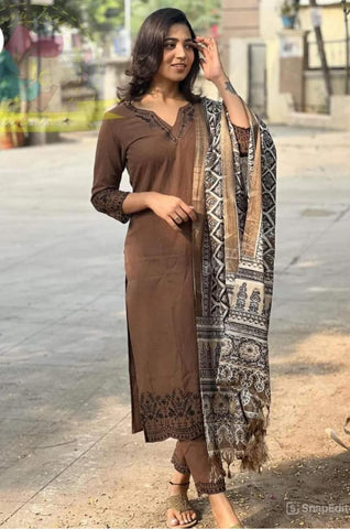Coffee Brown Cotton Embroidered Kurta 3pc Set
