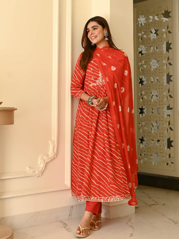 Leheriya Orange Cotton 3pc kurta set