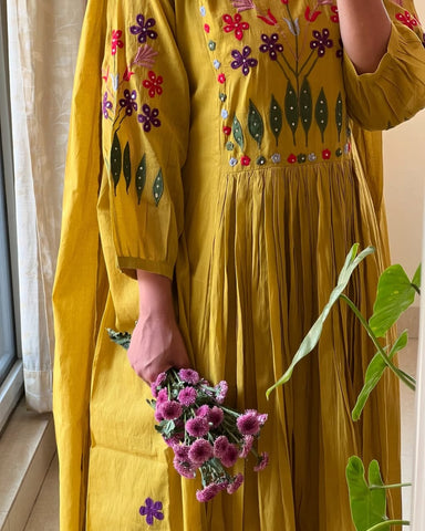 Yellow Embroidered Cotton Anarkali 3pc Set