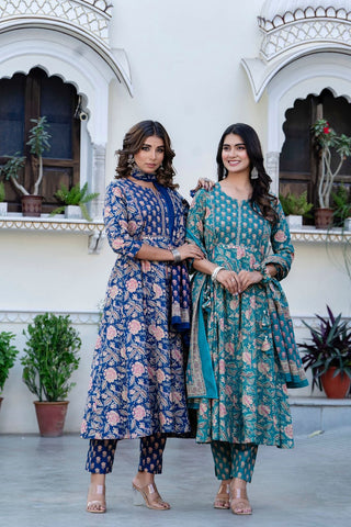 Blue Cotton Embroidered Anarkali Set