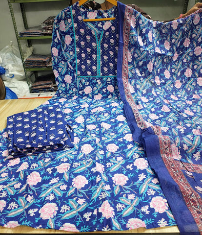 Blue Cotton Embroidered Anarkali Set