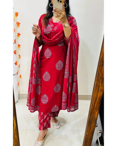Sequence Red Cotton 3pc Kurti Set