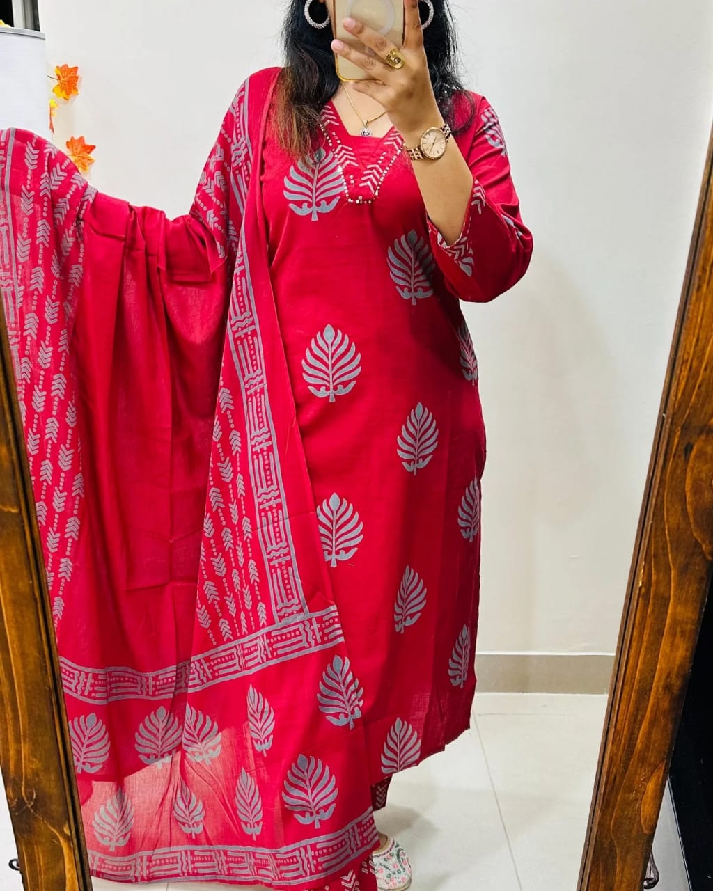 Sequence Red Cotton 3pc Kurti Set