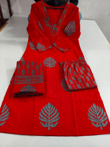 Sequence Red Cotton 3pc Kurti Set