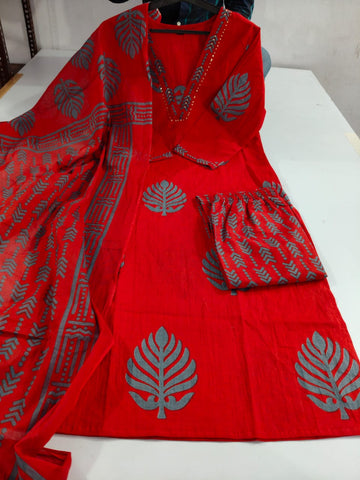 Sequence Red Cotton 3pc Kurti Set