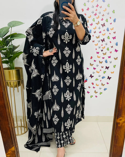 Black Embroidered Cotton 3pc Kurta Set