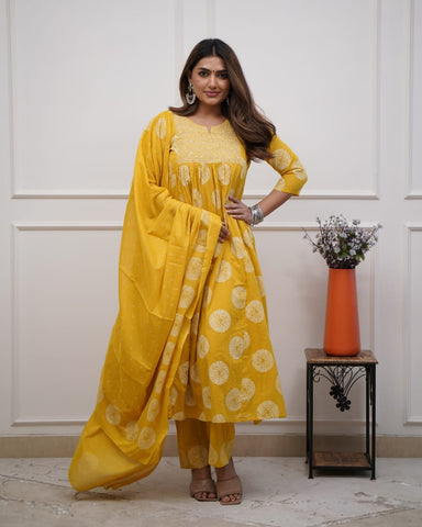 Hand Embroidered Mustard Cotton 3pc Kurta Set