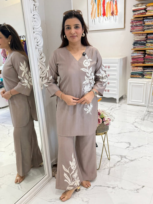 Beige Cotton Embroidered Co-Ord Set