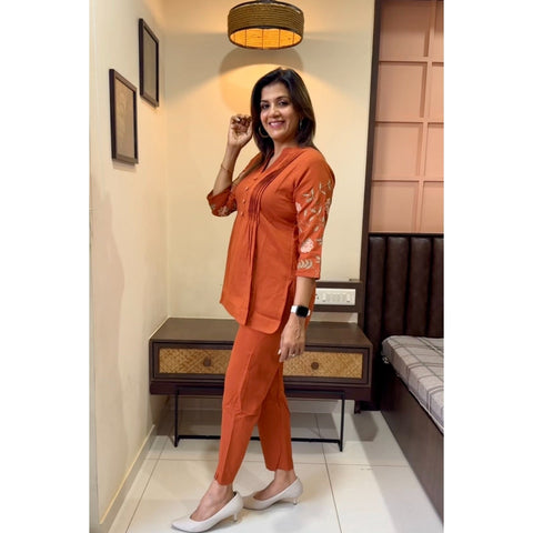 Floral Embroidered Orange Cotton Co-Ord Set