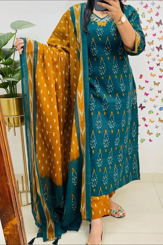 Green Ikat Cotton Kurta Set With Dupatta