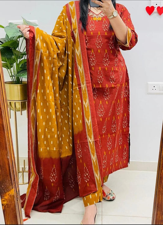 Red & Mustard Ikat Cotton Kurta Set With Dupatta
