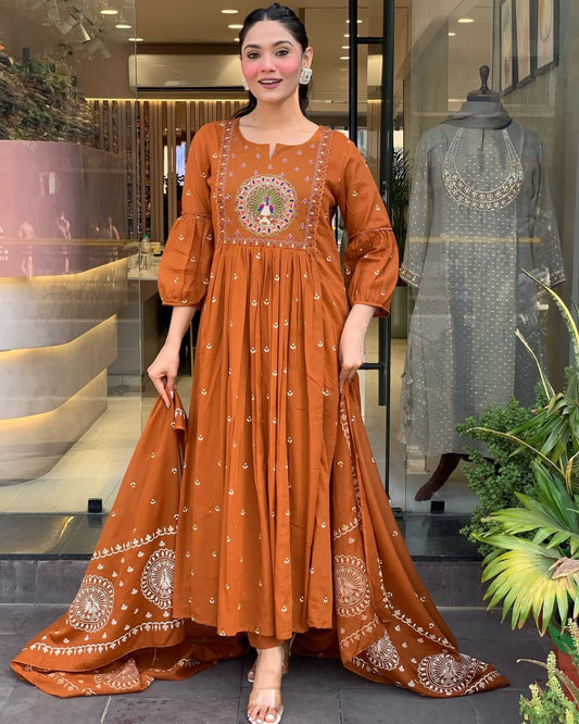 Rust Orange Peacock Embroidered Anarkali Set