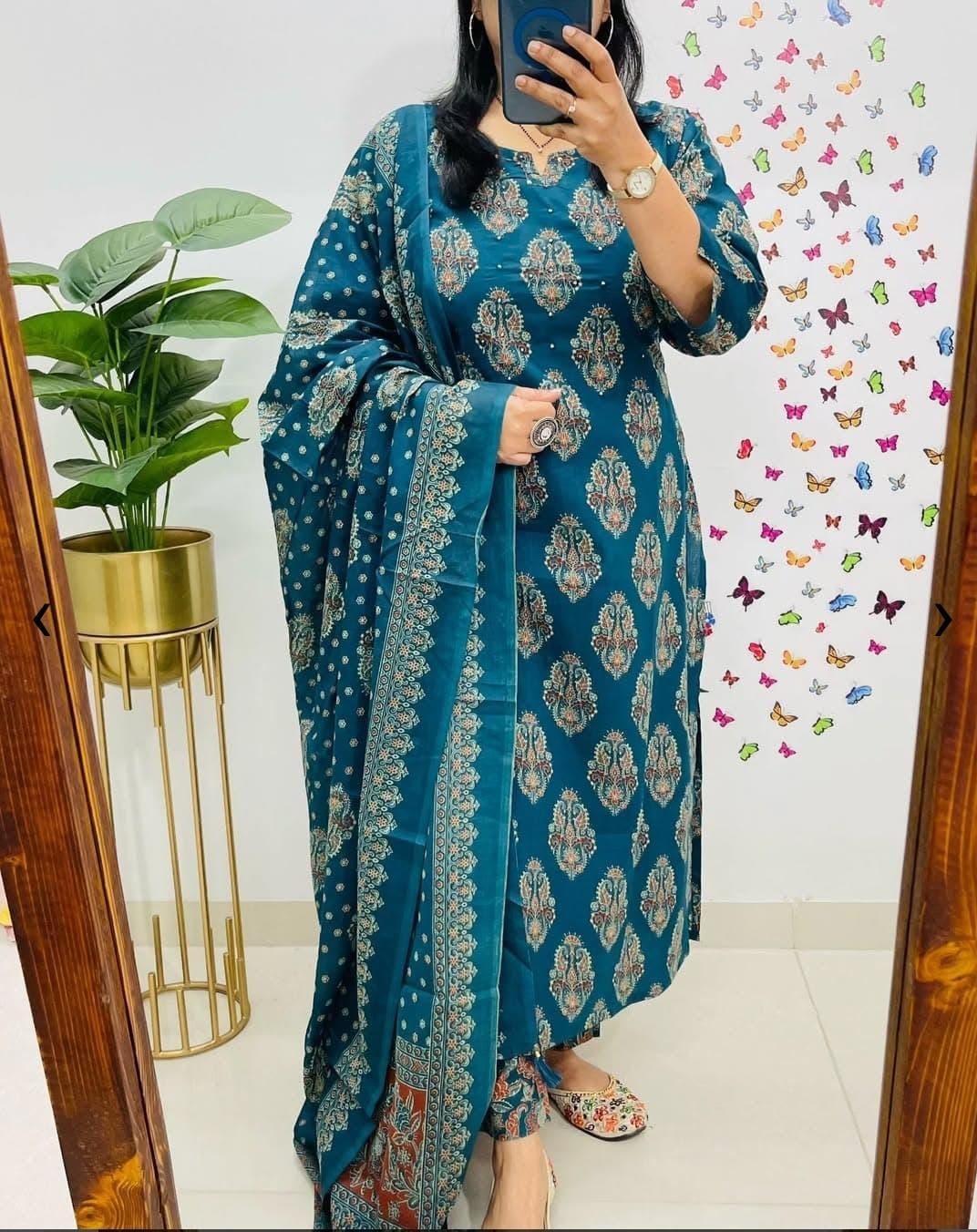 Women Cotton Embroidered Blue Straight kurta 3pc set