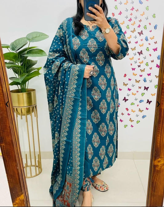 Women Cotton Embroidered Blue Straight kurta 3pc set