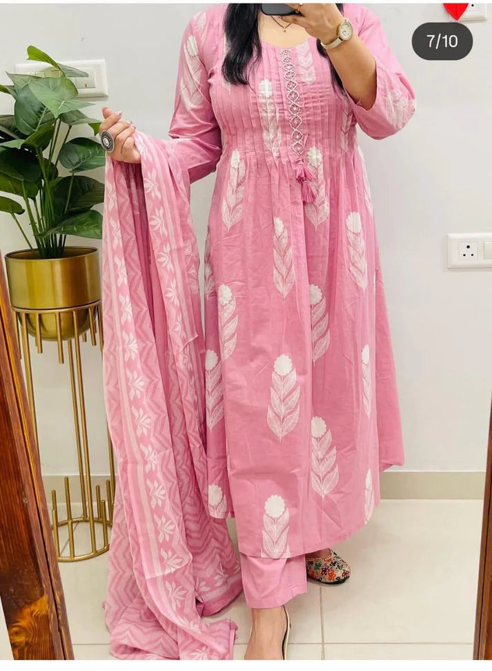 Pink Block Ikat Print Kurta Set with Dupatta